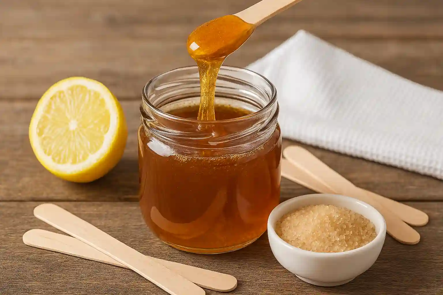 Homemade sugar wax with lemon slices, sugar granules, and wooden spatula for natural hair removal