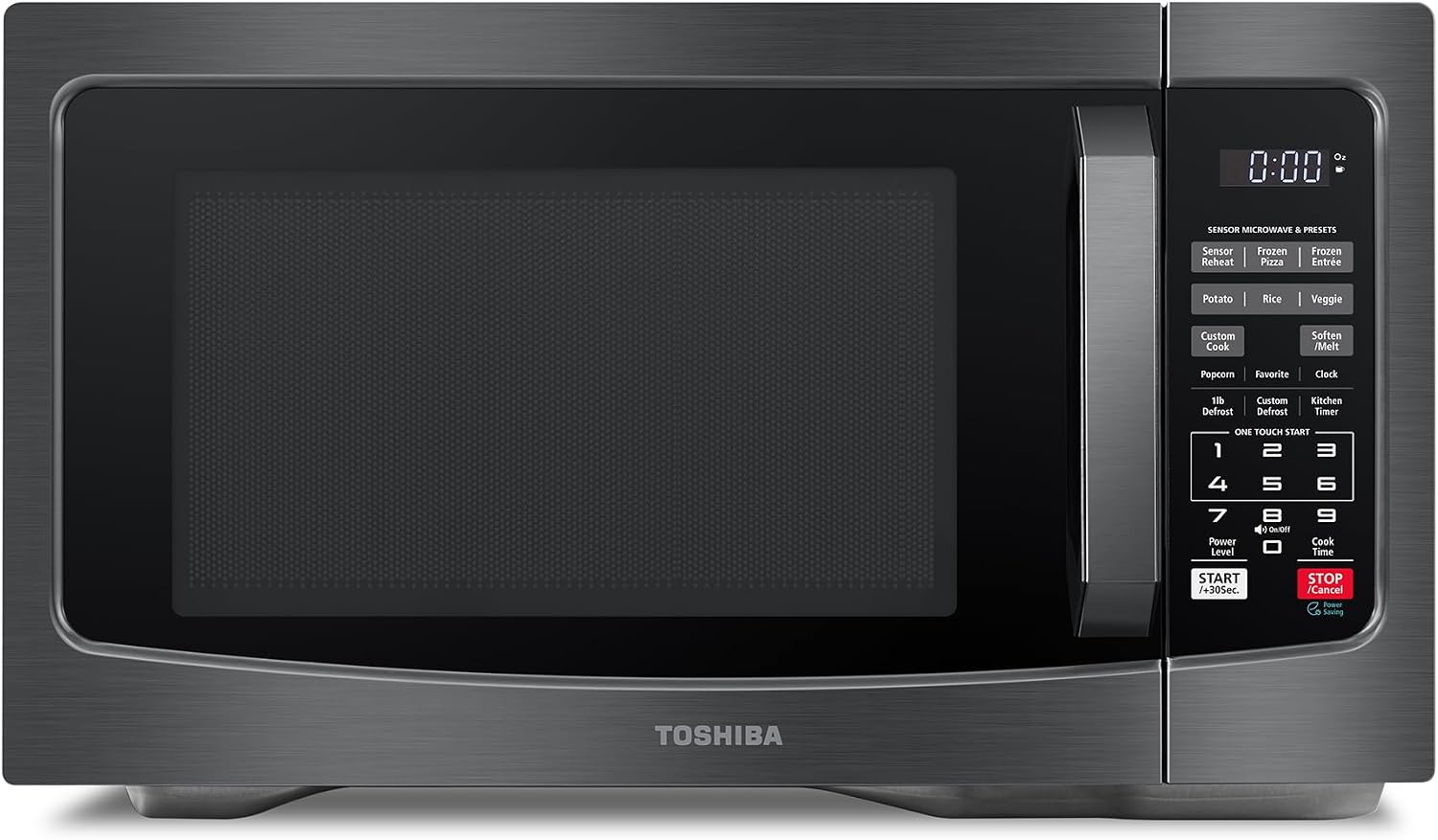 Toshiba black and stainless steel microwave oven with digital display showing “00:00” and a wide control panel featuring labeled buttons such as Sensor Reheat, Frozen Pizza, Potato, Rice, Veggie, Popcorn, Custom Cook, Soften/Melt, 1lb Defrost, Eco Mode, and numeric keypad for quick-start options.