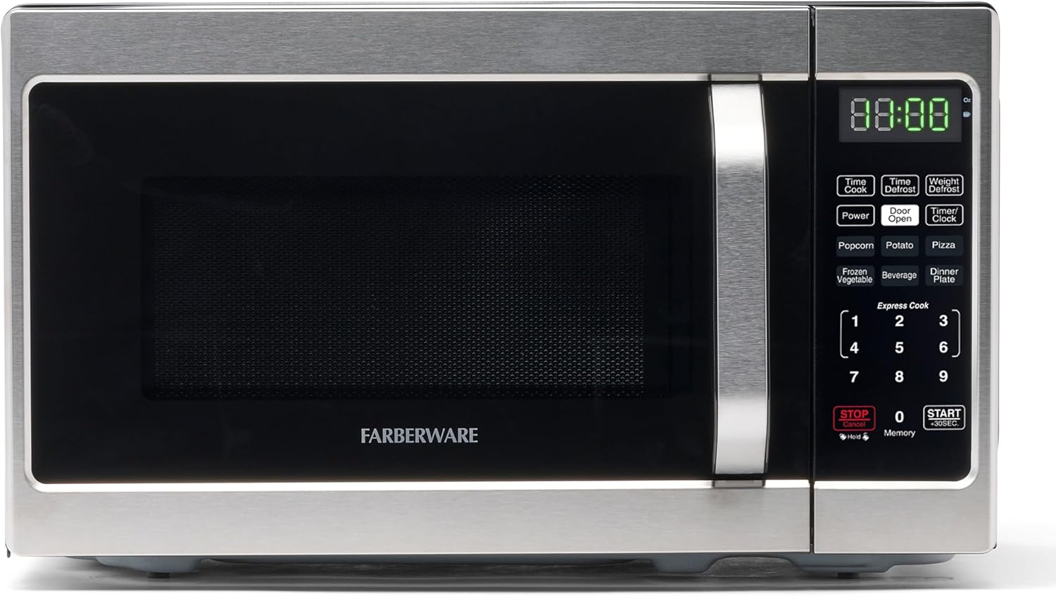 Farberware stainless steel microwave oven with black door, digital display reading “00:00,” and an intuitive control panel featuring presets like popcorn, potato, pizza, beverage, frozen vegetable, and dinner plate, along with numeric keypad, timer, and defrost functions.