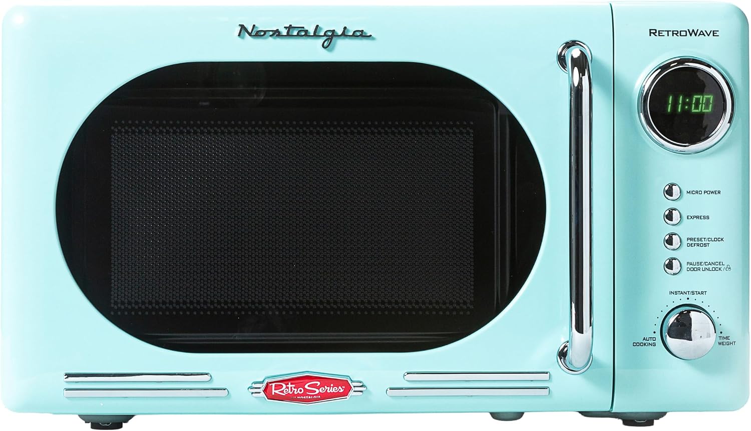 Retro-style Nostalgia microwave in pastel blue with chrome handle, digital display showing “11:00,” and labeled buttons including Micro Power, Express, Defrost, Pause, and a multifunctional dial for auto cooking and timer settings.