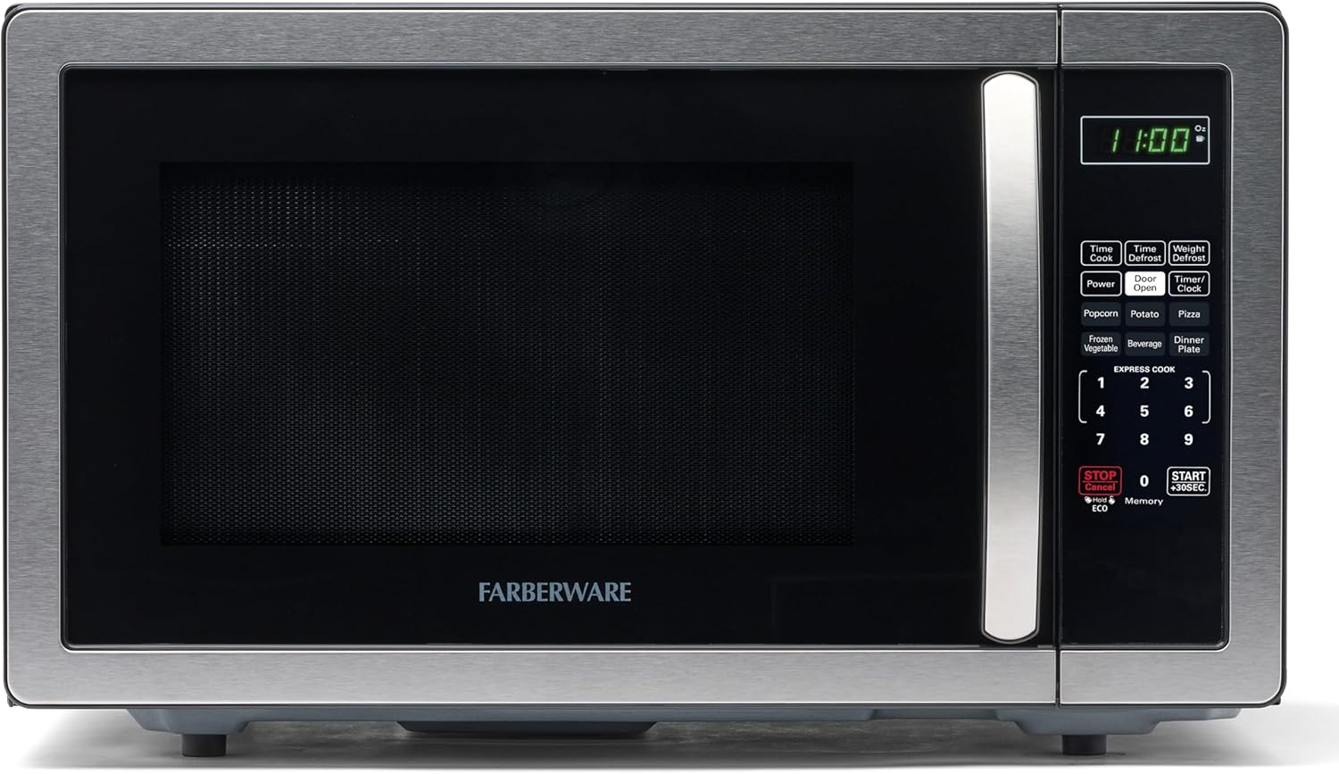 Farberware stainless steel microwave with black front door, perforated viewing window, and digital control panel featuring multiple cooking presets.