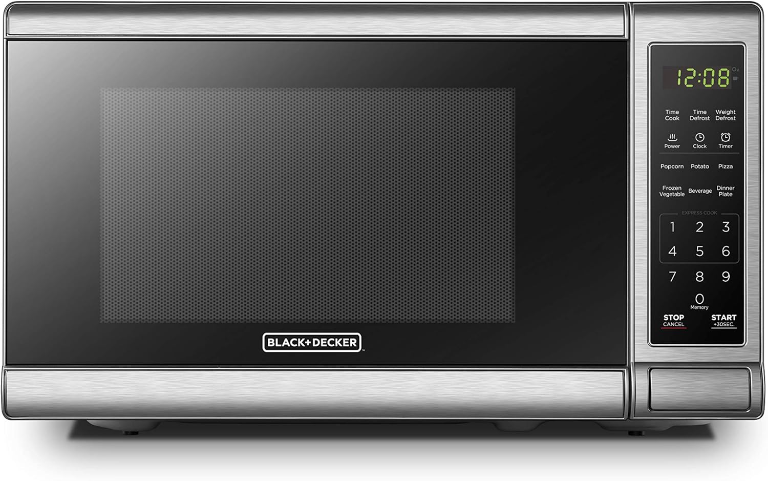 Black+Decker stainless steel microwave with digital time display “12:08” and a comprehensive control panel featuring presets like popcorn, potato, pizza, frozen vegetables, beverage, dinner plate, and defrost options.