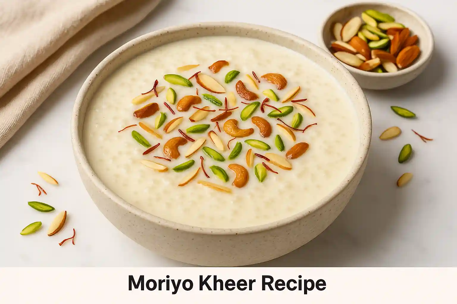 Elegant bowl of Moriyo Kheer garnished with slivered almonds and saffron strands, served on a white ceramic plate with soft shadows and a clean, vibrant background — styled for modern food presentation.