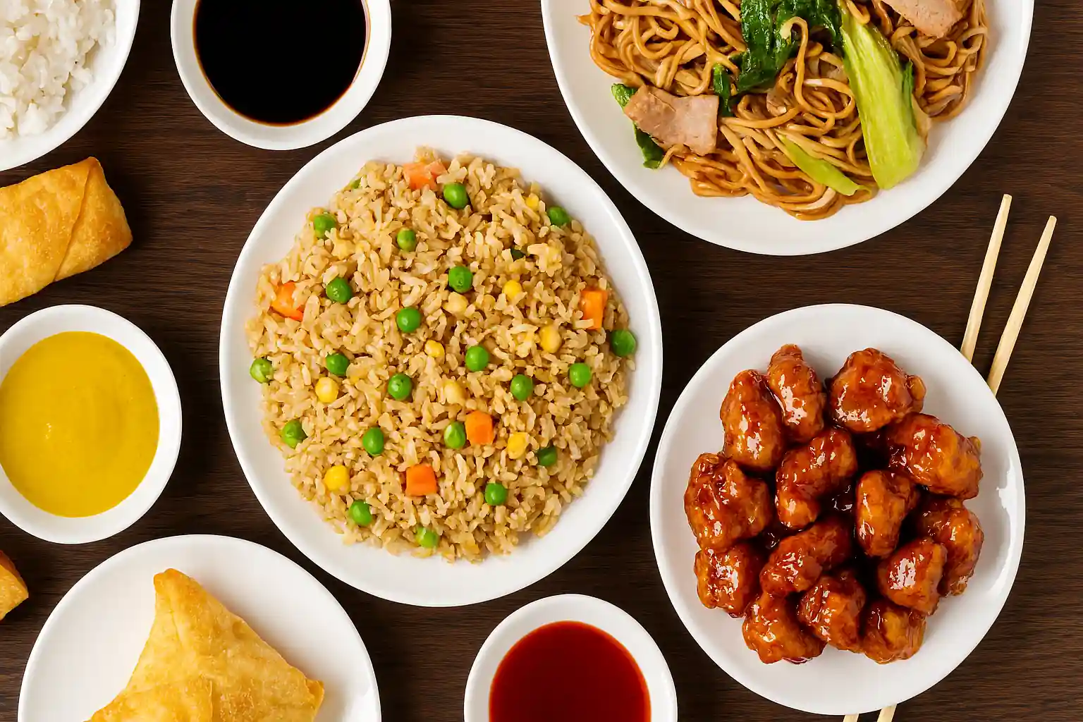 Chinese takeout spread featuring General Tso’s chicken, lo mein, fried rice, and spring rolls in a cozy North Reading home setting with online ordering elements
