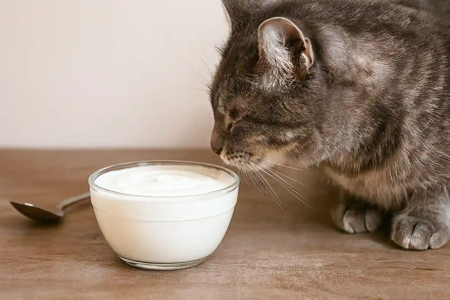 Curious domestic cat sniffing a bowl of plain Greek yogurt on a kitchen counter in soft morning light