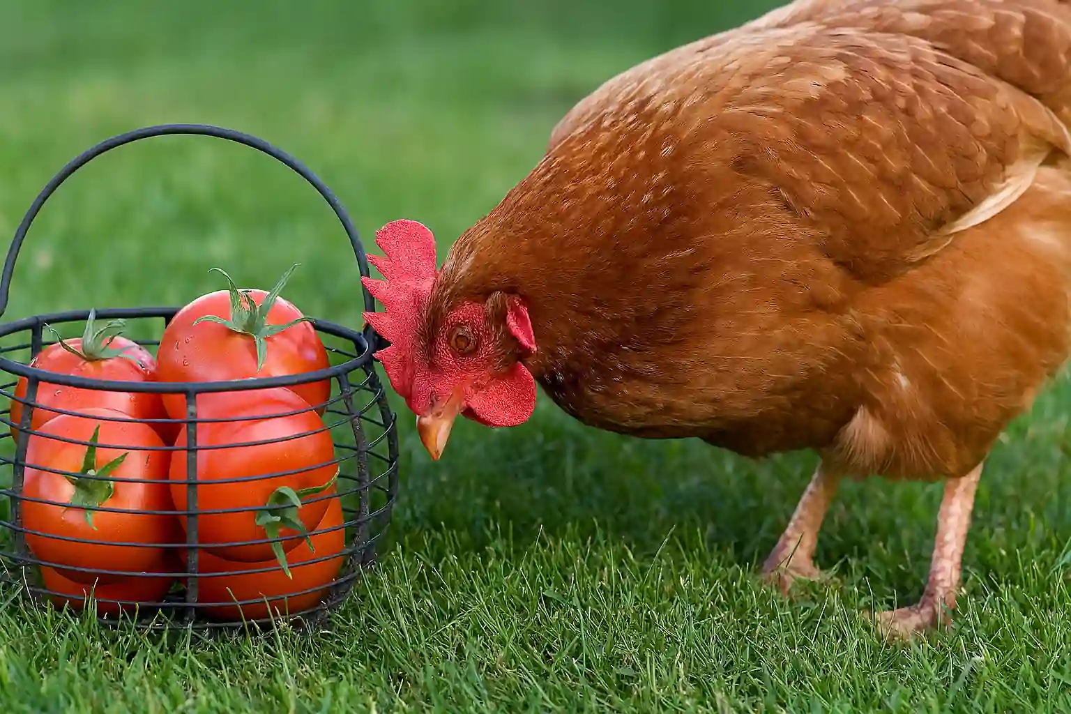 Backyard chickens pecking at ripe red tomatoes on green grass near a rustic coop