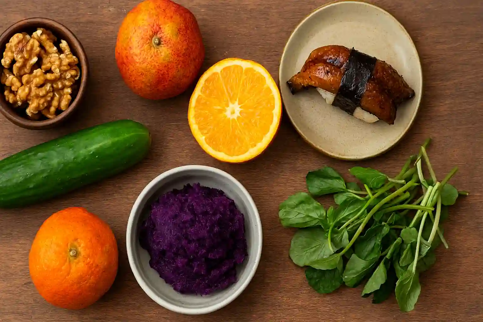 A rustic table display featuring ugli fruit, udon noodles, umeboshi plums, Ukrainian borscht, and upside-down cake.