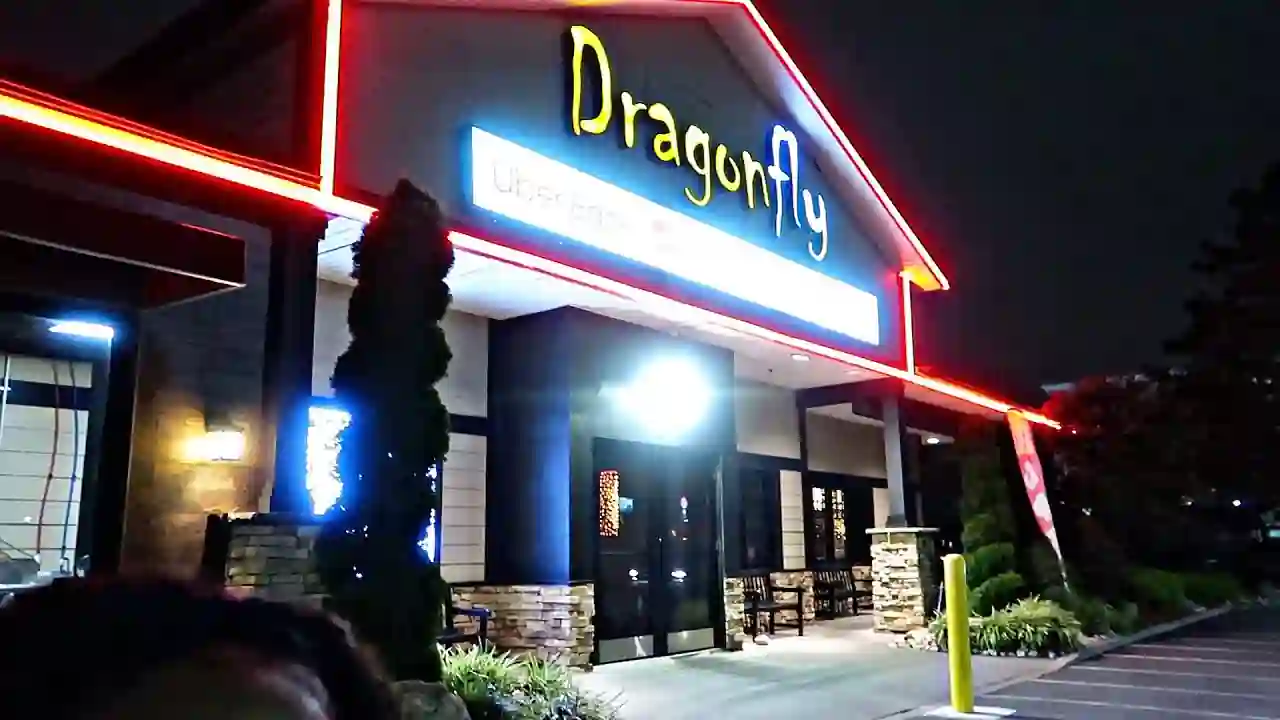 Night view of Dragonfly restaurant exterior featuring illuminated yellow-blue signage, red neon roof accents, glass entrance with overhead lighting, and tall decorative plants flanking the doorway.