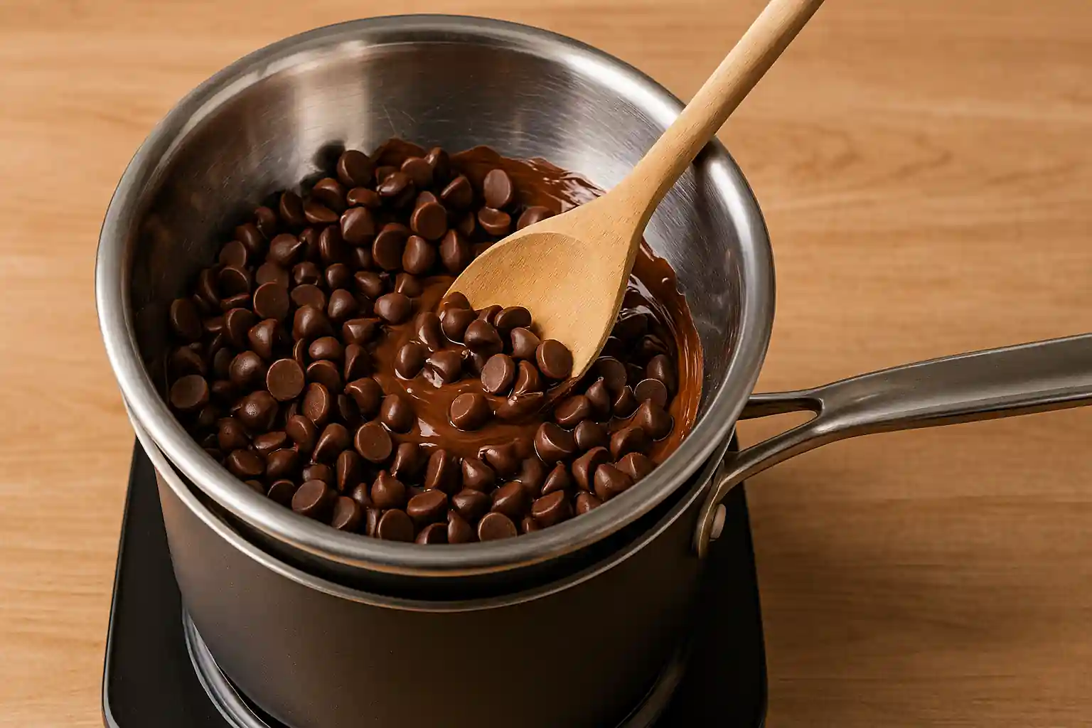 Melting chocolate chips in a double boiler with a wooden spoon stirring glossy, smooth chocolate