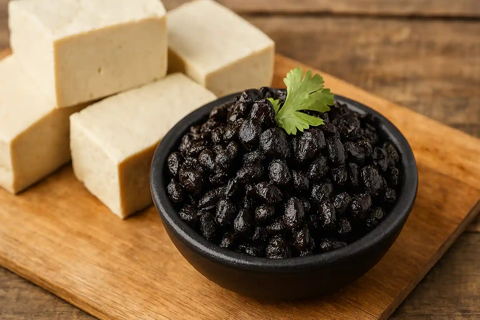Traditional Chinese kitchen scene featuring tofu blocks and fermented black soybeans (douchi) on a rustic wooden surface.