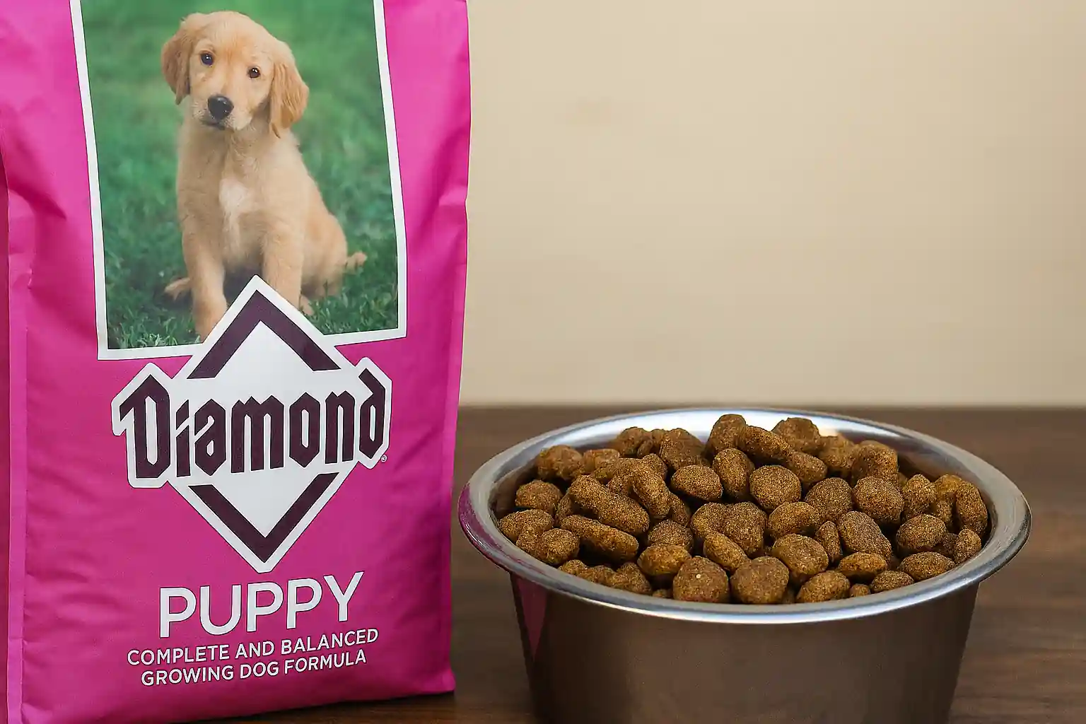 Golden retriever puppy beside a bowl of Diamond Puppy Dry Dog Food kibble in a cozy indoor setting