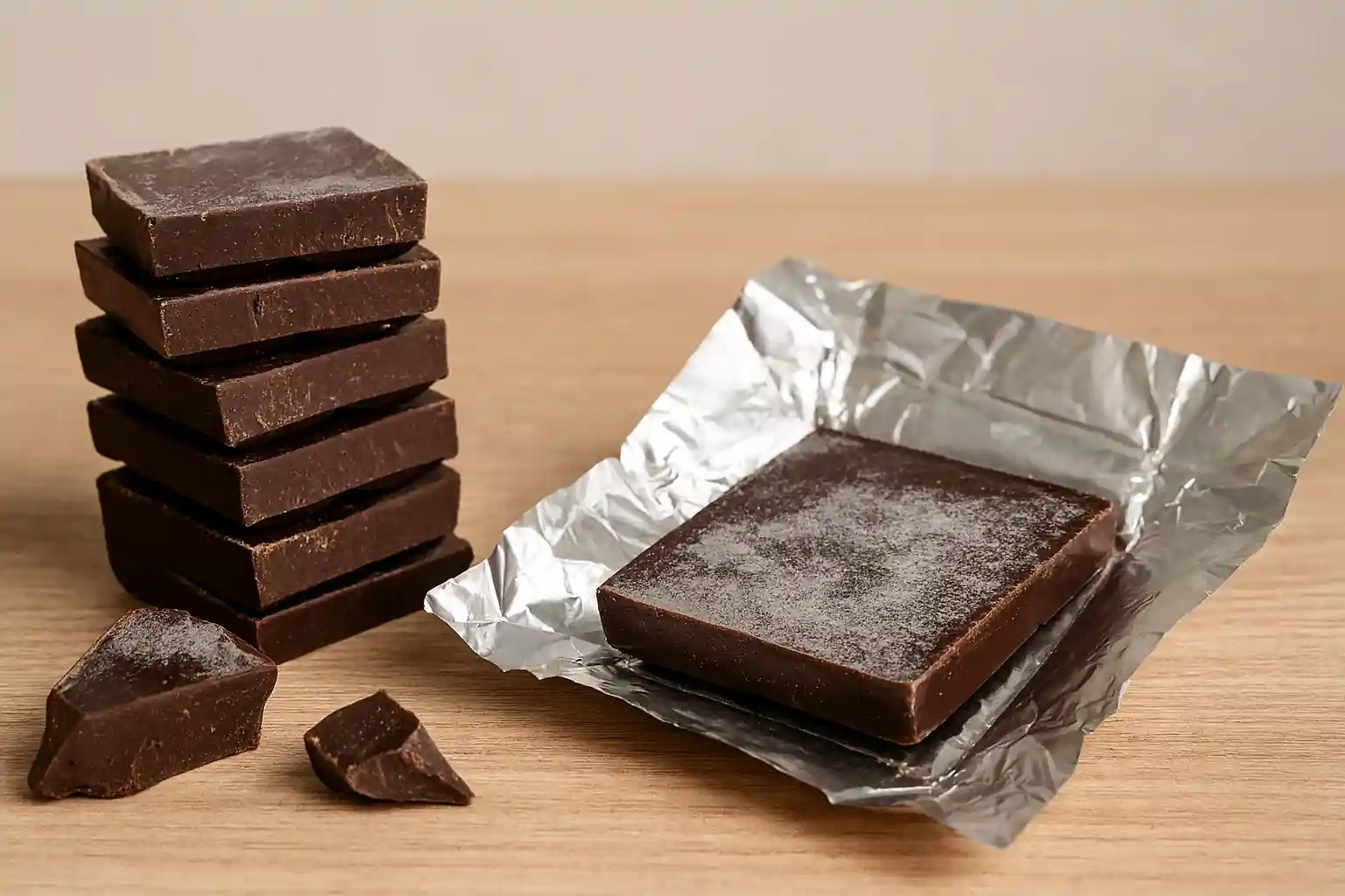 Close-up of chocolate bars showing signs of spoilage, including white bloom, discoloration, and mold, arranged on a neutral surface to illustrate chocolate expiration.