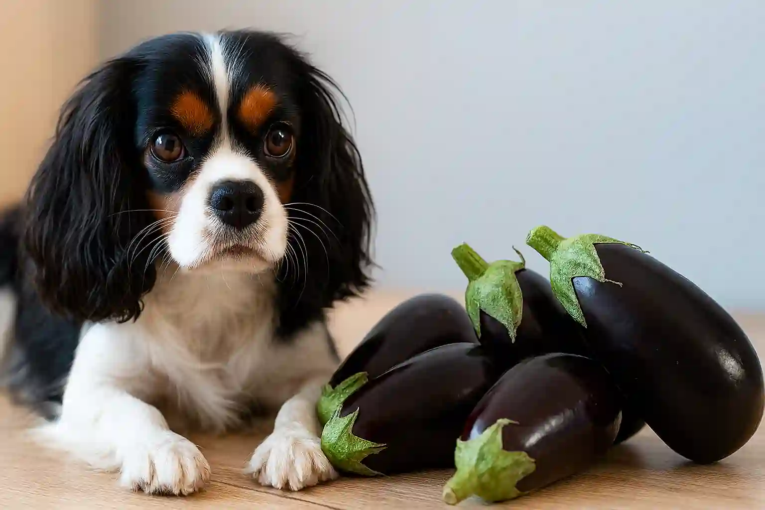 Curious dog sniffing fresh eggplant slices on a kitchen counter, highlighting safe feeding exploration.