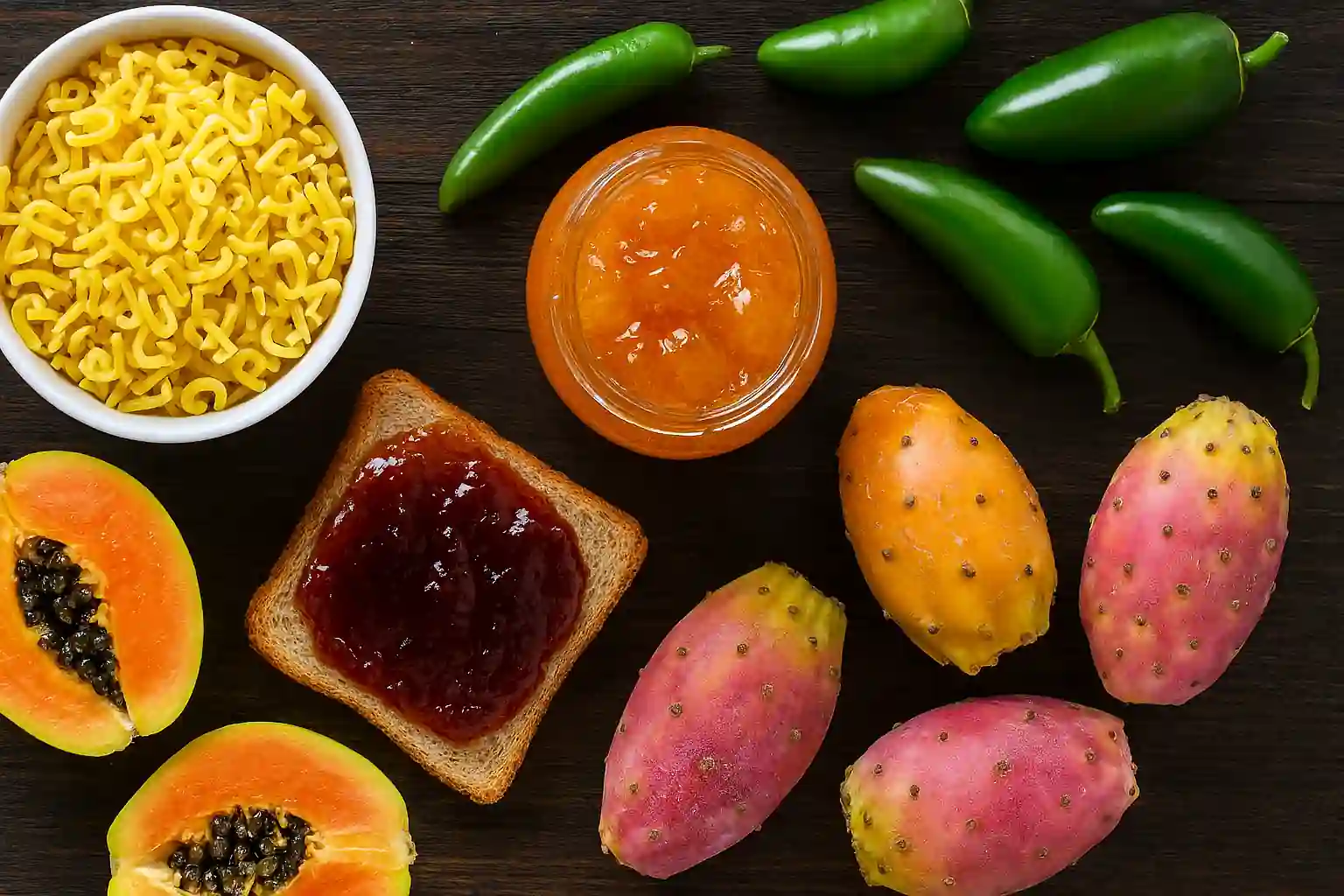 Colorful assortment of foods starting with the letter J, including jalapeños, jackfruit, jambalaya, jelly beans, jicama, jerky, juice, jam, and Japanese curry arranged in a realistic collage.