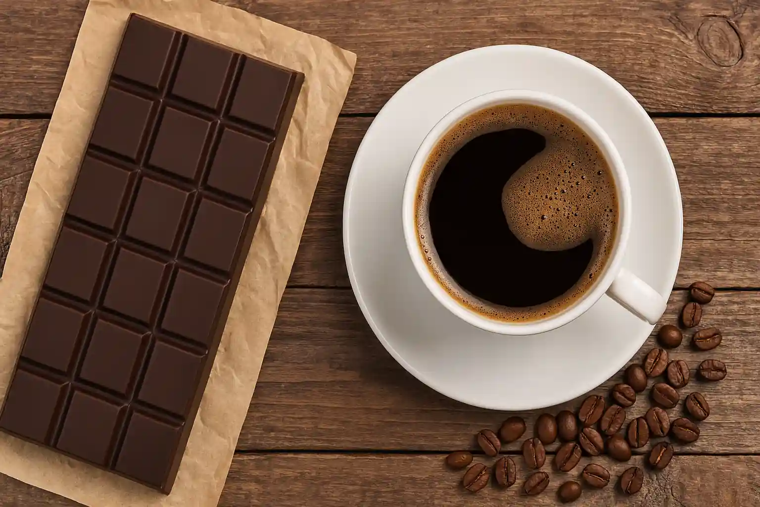 Dark chocolate bar beside a cup of coffee on rustic wood, symbolizing caffeine content in chocolate
