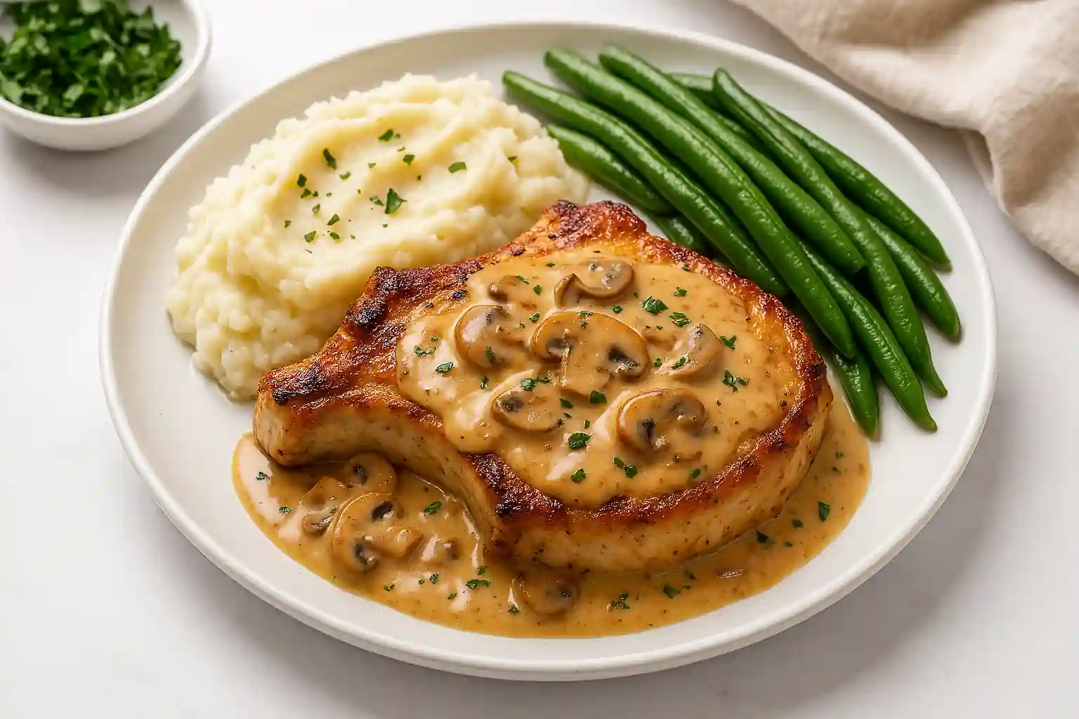 Beautifully plated Pork Chop Supreme served with creamy mashed potatoes and steamed vegetables, styled on a clean, modern surface with vibrant lighting and soft shadows.