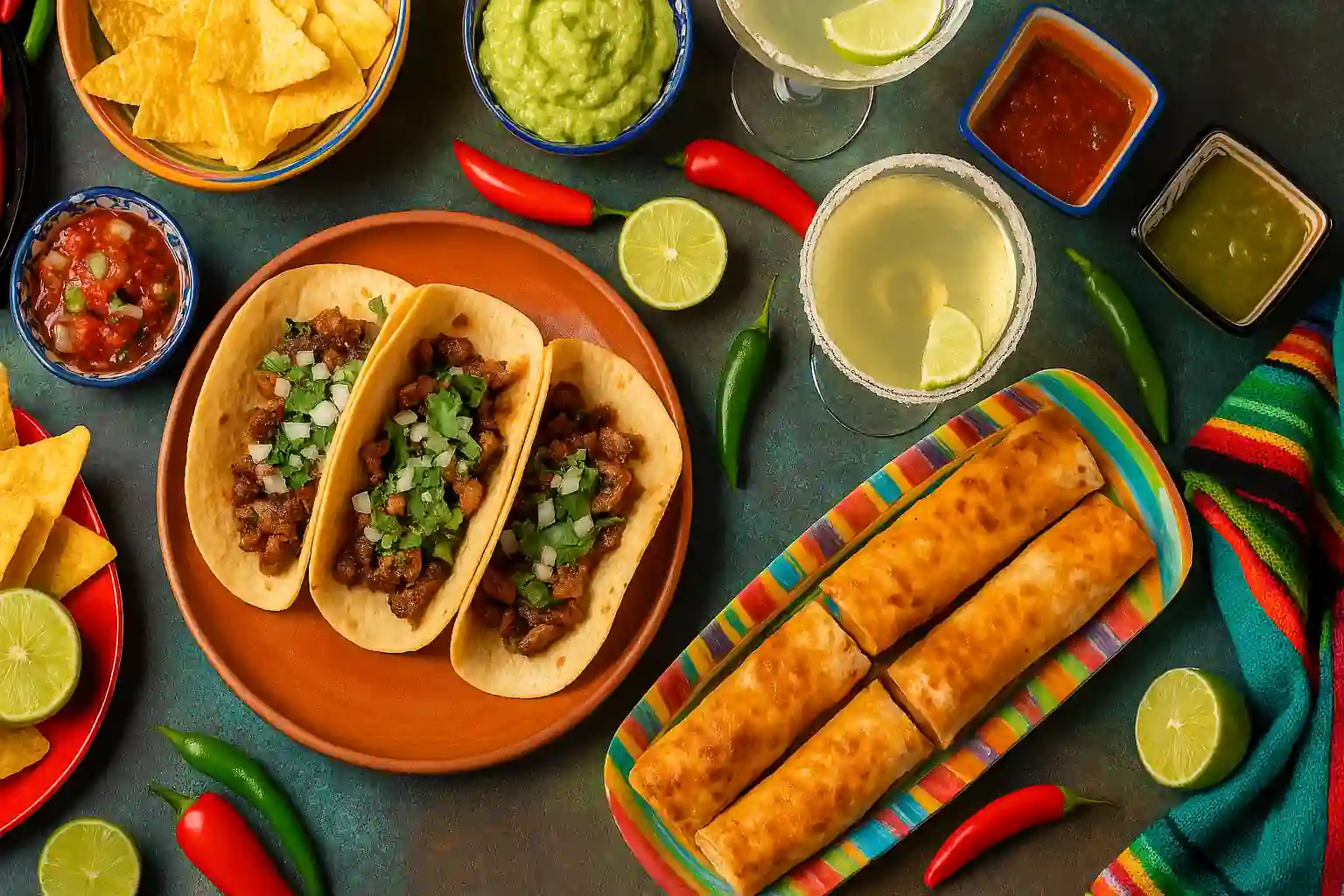 Vibrant Mexican restaurant table with tacos, enchiladas, guacamole, margaritas, and festive Cinco de Mayo decorations