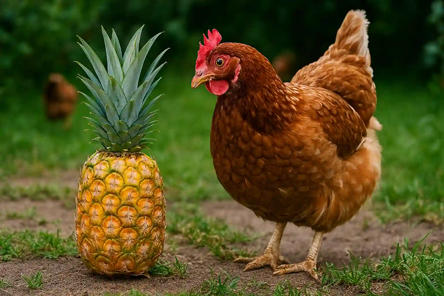 Backyard chickens pecking at fresh pineapple slices near a rustic coop in a grassy outdoor setting