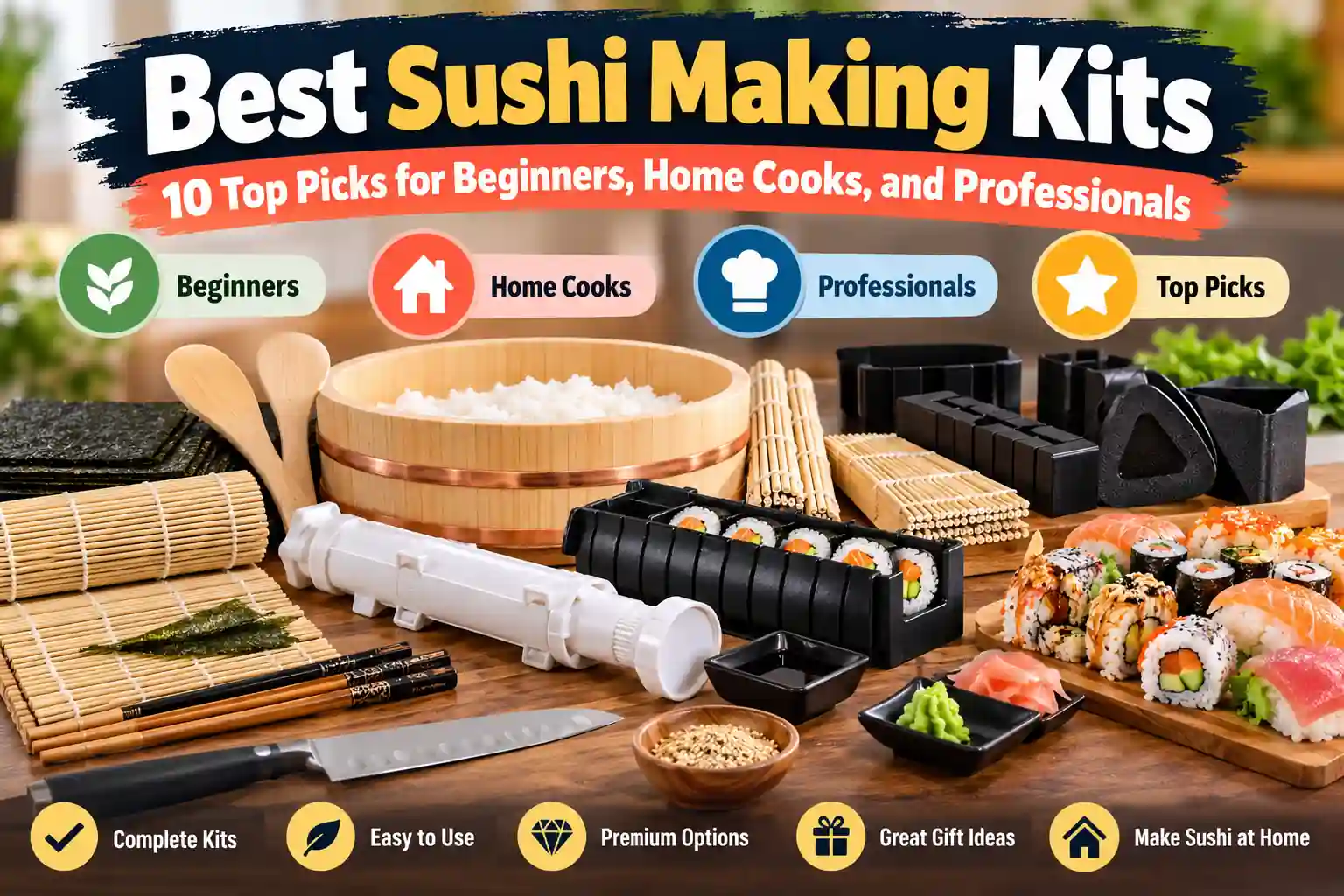 Sushi making kit essentials: bamboo rolling mats, a sushi bazooka, a wooden hangiri rice tub, rice molds, chopsticks and finished sushi rolls