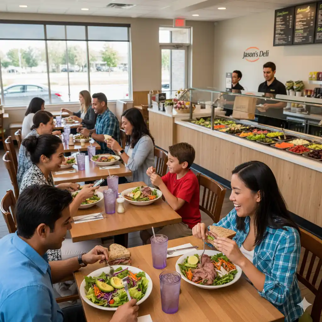 Customers enjoying fresh meals at a bustling Jason's Deli restaurant, with the salad bar and staff visible in the background, highlighting the welcoming dining experience.