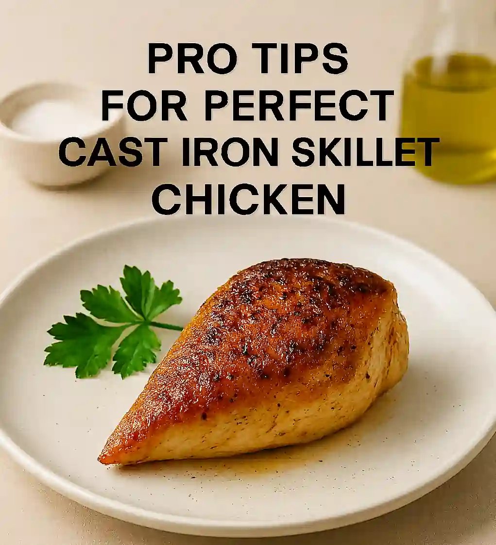 Cast iron chicken breast with golden crust, plated with parsley and glaze drizzle