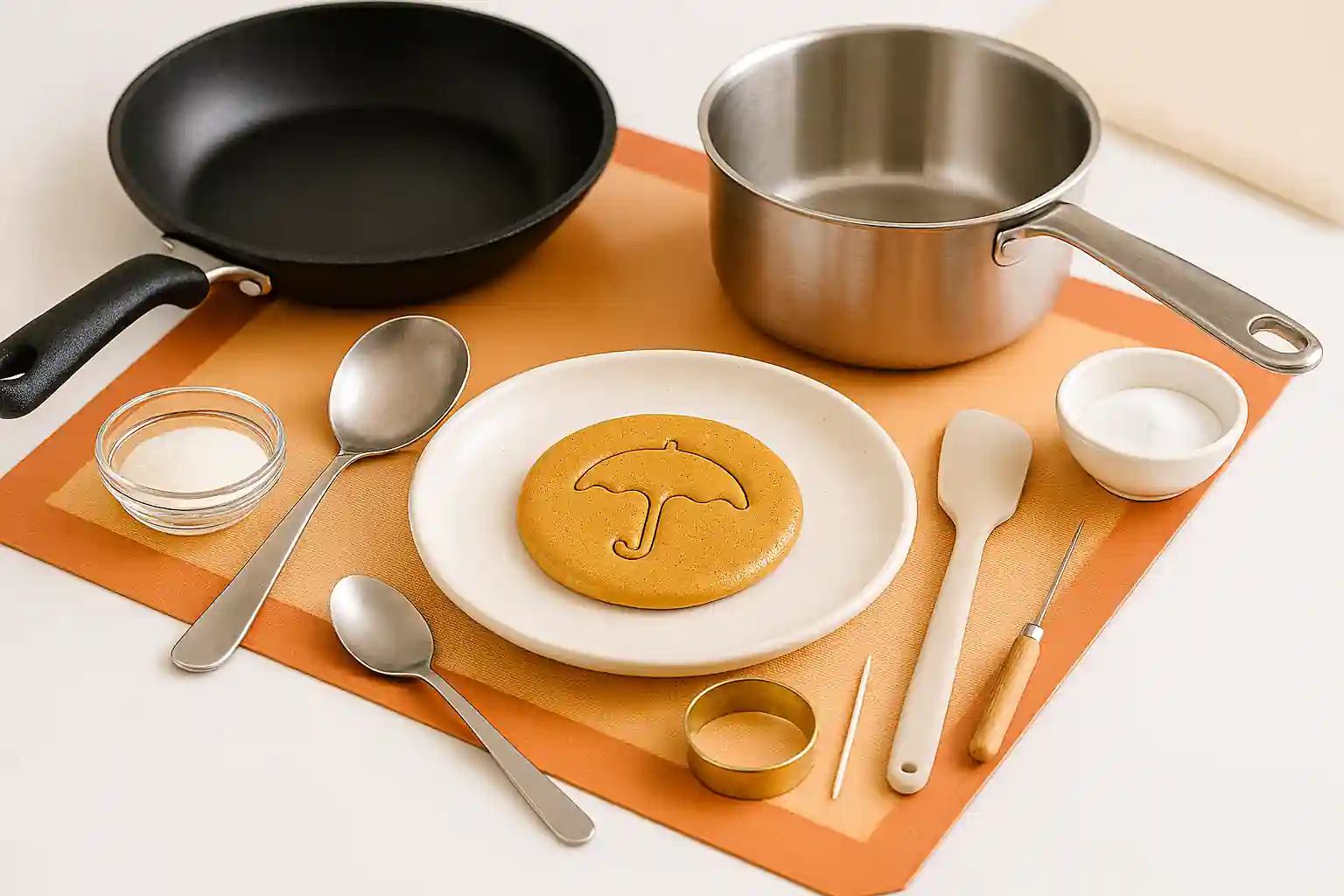 Candy-making tools for Squid Game honeycomb cookies arranged on silicone mat in bright kitchen