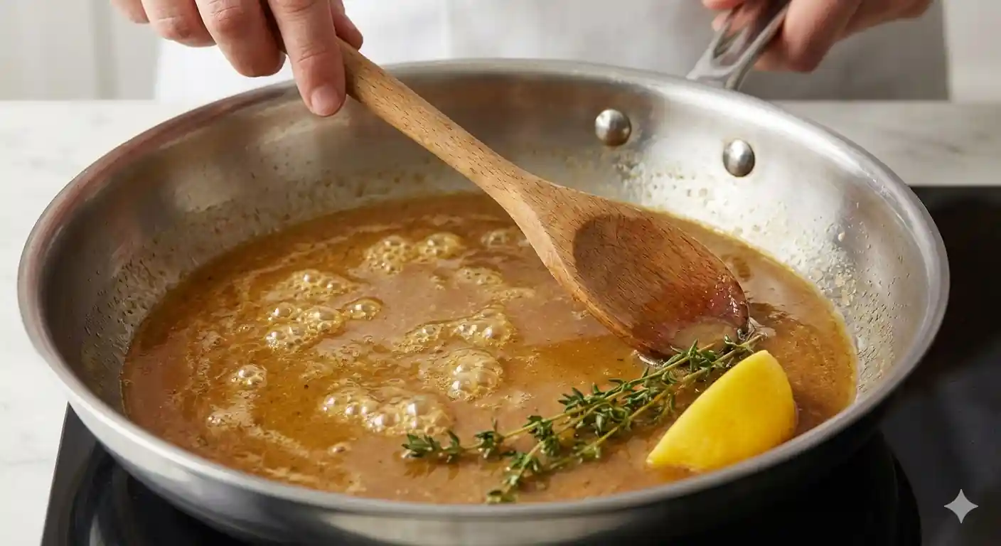 A close-up of a person stirring a rich, brown pan sauce in a stainless steel skillet with a wooden spoon, a sprig of thyme, and a lemon wedge.