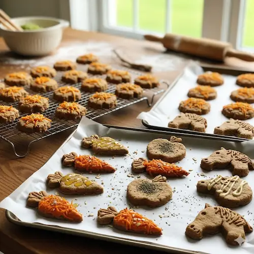 Freshly baked cookies shaped like carrots, horses, and medallions with icing and seed toppings on baking trays and cooling rack