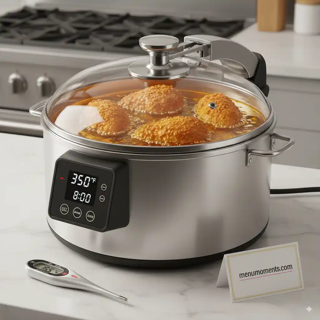 A modern stainless steel pressure fryer with a clear lid, showing several pieces of breaded chicken frying in hot oil. The digital display reads 350°F and 8:00 minutes. A meat thermometer rests nearby, branded menumoments.com.