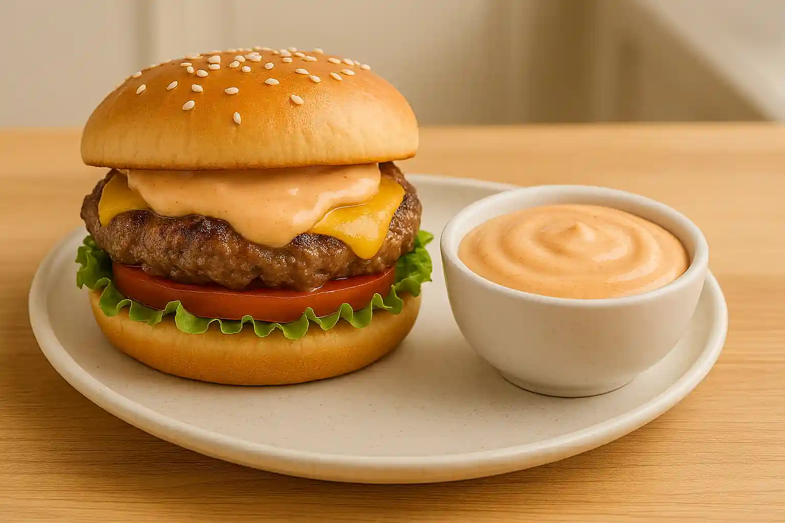 Classic In-N-Out style cheeseburger with creamy animal-style sauce served on a white plate in natural lighting