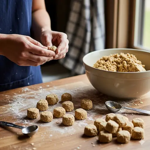 Shaping dough balls by hand on a floured wooden surface with a mixing bowl and measuring spoons nearby