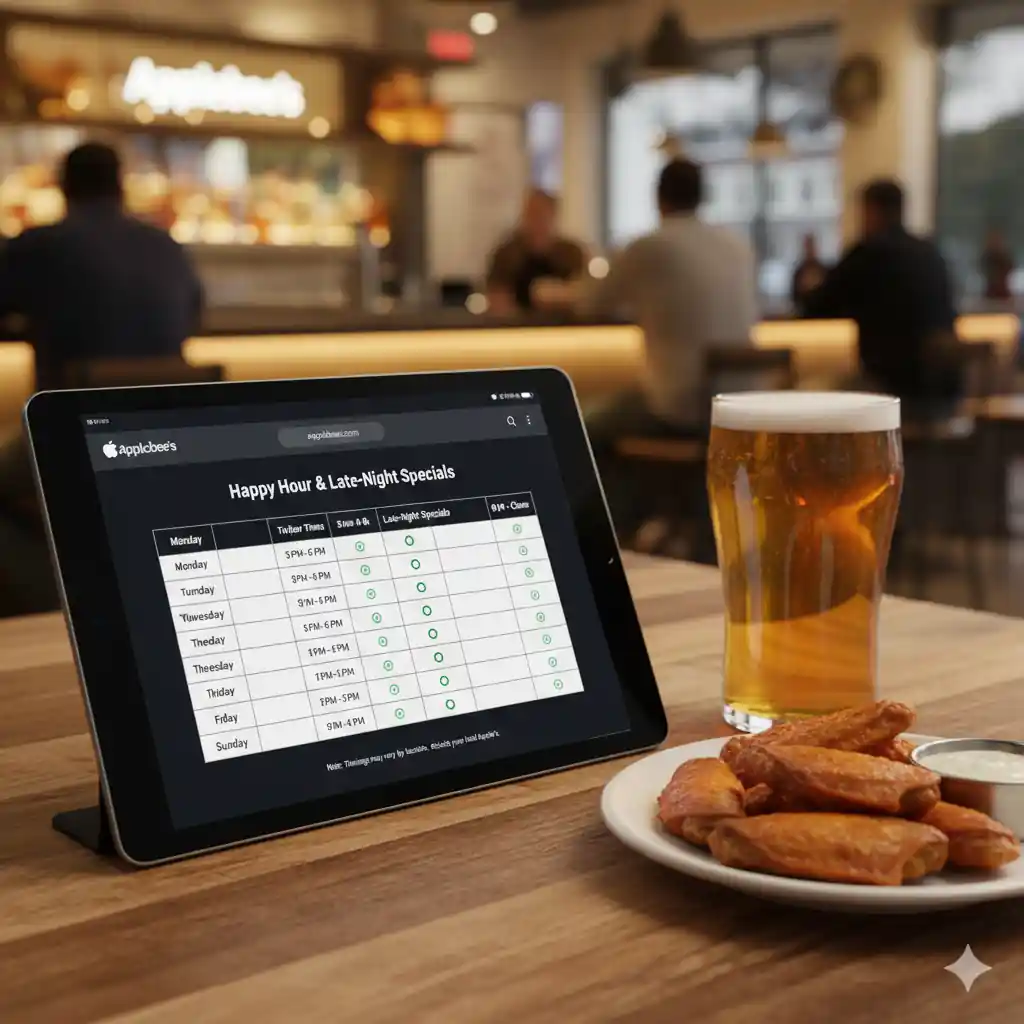 Tablet displaying Applebee's happy hour and late-night specials schedule next to a pint of beer and a plate of chicken wings in an Applebee's restaurant.