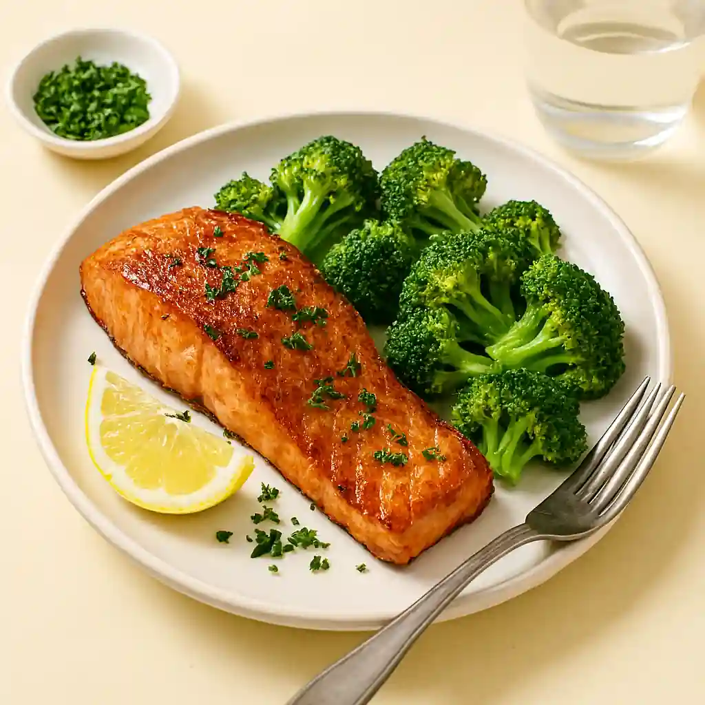 A beautifully plated keto salmon fillet with roasted broccoli and lemon wedge, served in natural kitchen lighting on a white ceramic plate with a minimal cream background.