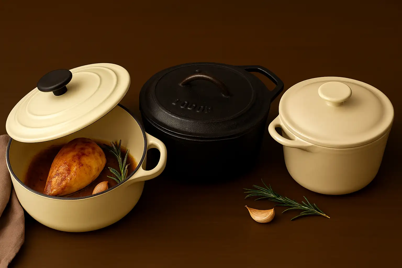 Three Dutch ovens—enamel-coated, cast iron, and ceramic displayed on a brown surface with chicken, rosemary, and garlic