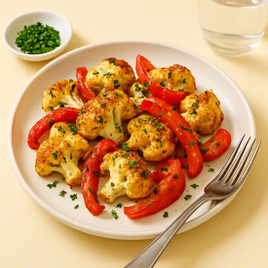 A beautifully plated keto vegetable medley featuring roasted cauliflower and bell peppers, garnished with fresh herbs, served on a white ceramic plate in natural kitchen lighting.