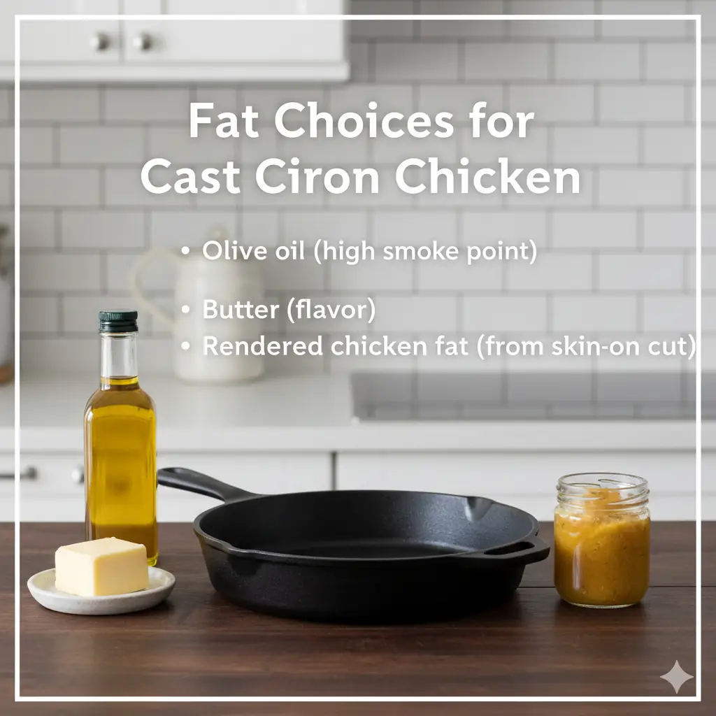 A high-angle shot of three glass jars containing olive oil, a block of butter, and liquid rendered chicken fat next to a cast iron skillet.