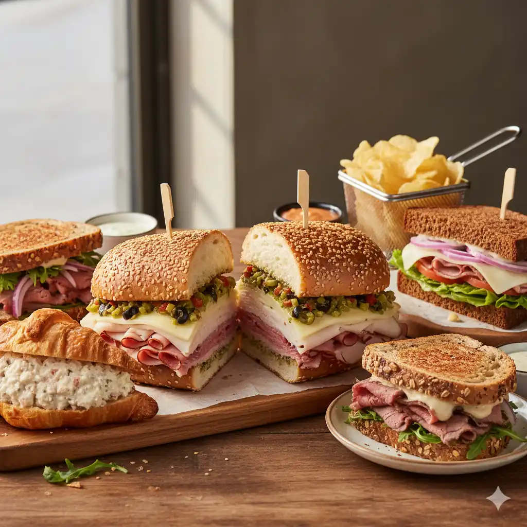 An appetizing array of Jason's Deli specialty sandwiches, including a Muffaletta, roast beef sandwich, and chicken salad croissant, served with chips and dipping sauces.