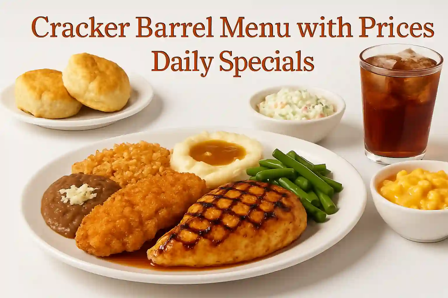 Landscape image showcasing Cracker Barrel Daily Specials with Prices — featuring fresh, homestyle dishes like fried chicken, mashed potatoes, country vegetables, and golden cornbread arranged with soft shadows and vibrant colors on clean white plates. The title “Cracker Barrel Menu with Prices Daily Specials” is clearly displayed on the image.