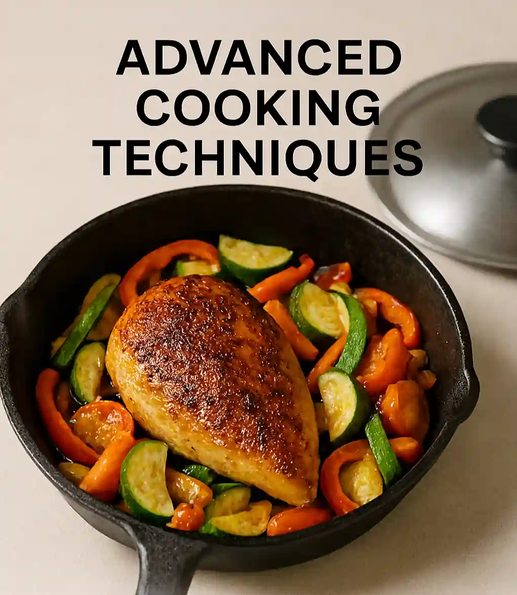 Cast iron chicken breast with golden crust and sautéed vegetables, demonstrating advanced cooking techniques