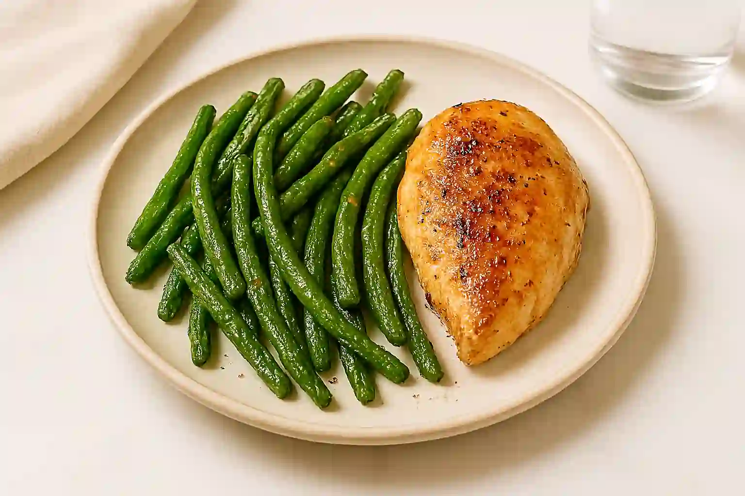 Sautéed frozen green beans served with grilled chicken breast on a ceramic plate in a sunlit kitchen.