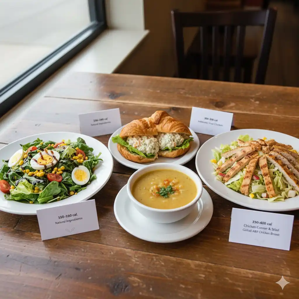 Jason's Deli meals with clear nutrition labels indicating calorie counts and natural ingredients for a Garden Fresh Salad, Chicken Salad Croissant, and Chicken Caesar Salad.