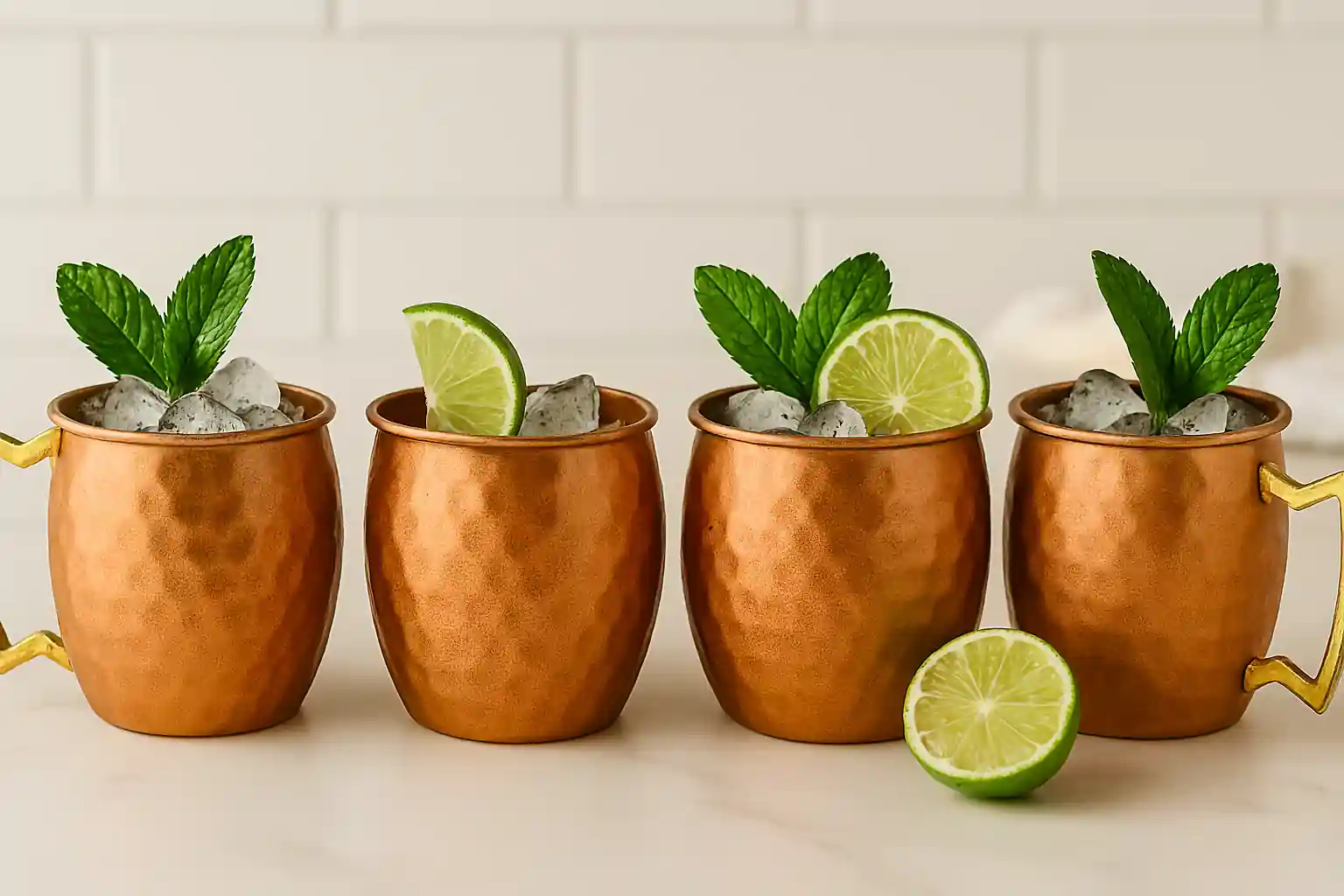 Four copper mugs filled with ice and garnished with mint and lime, representing mule cocktail variations on a marble countertop.