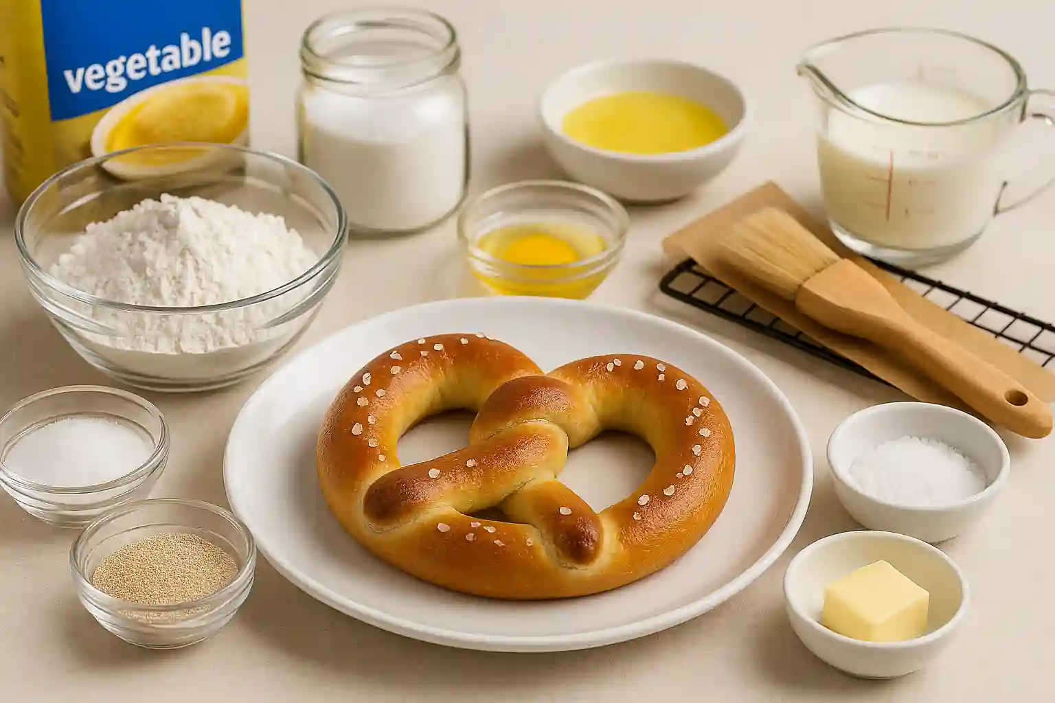 Ingredients and tools for homemade Auntie Anne’s pretzel recipe including flour, yeast, butter, and salt