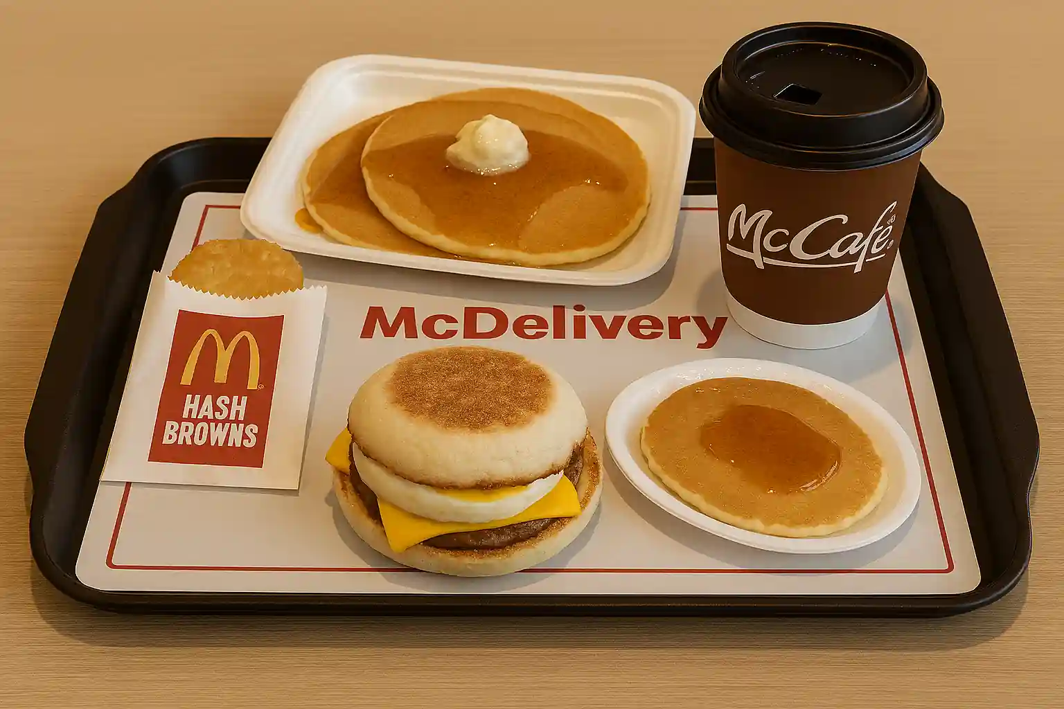 McDonald's McDelivery breakfast tray with Sausage McMuffin with Egg, Hotcakes with syrup, Hash Brown, and McCafé coffee on a wooden table