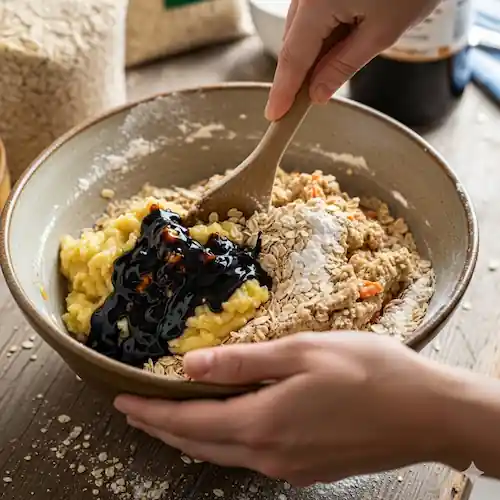 Mixing mashed bananas, oats, flour, baking powder, and molasses in a ceramic bowl with a wooden spoon for healthy baking