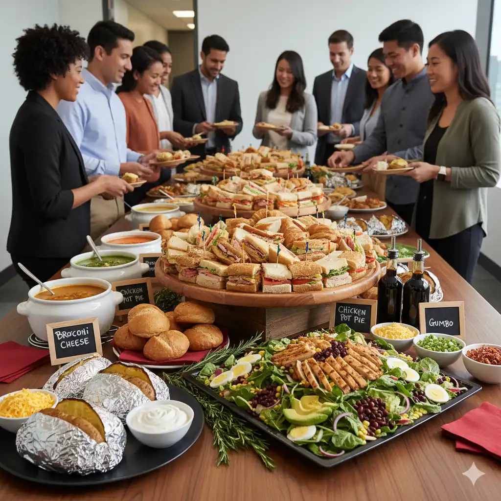 A large, bountiful Jason's Deli catering spread with party trays of sandwiches, salad platters, soups, and baked potatoes, being enjoyed by a group of smiling professionals at an event.