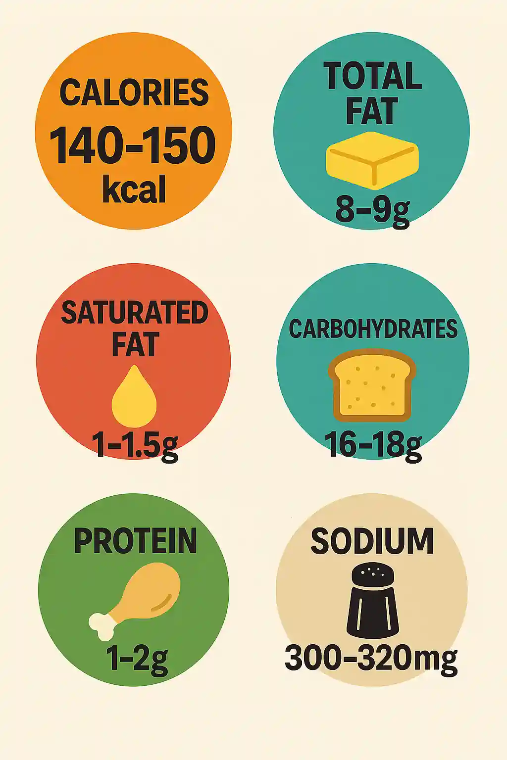 Infographic showing nutritional values including calories, total fat, saturated fat, carbohydrates, protein, and sodium in a colorful, minimalist design.