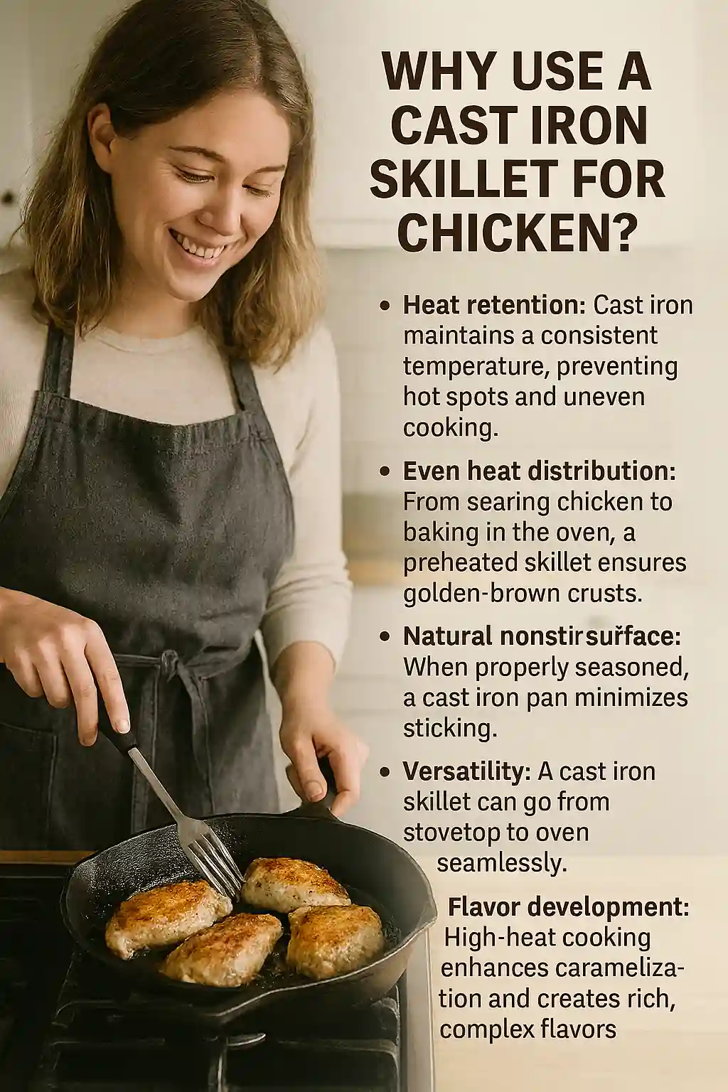 A woman preparing cast iron skillet recipes chicken in a cozy kitchen. cooking golden-brown chicken in a cast iron skillet on a stoveto