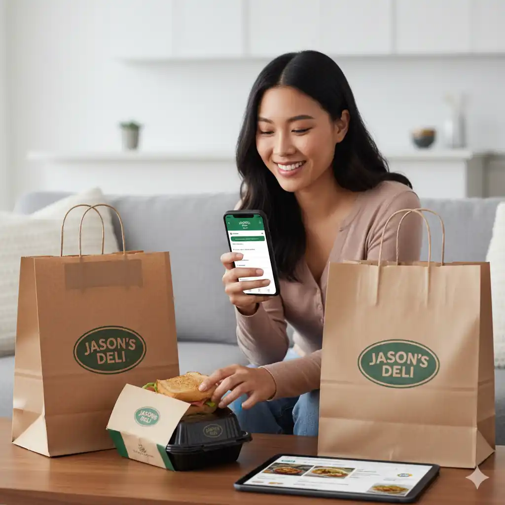 A smiling woman ordering Jason's Deli on her phone, with branded delivery bags and a freshly delivered sandwich, showcasing convenient online ordering.