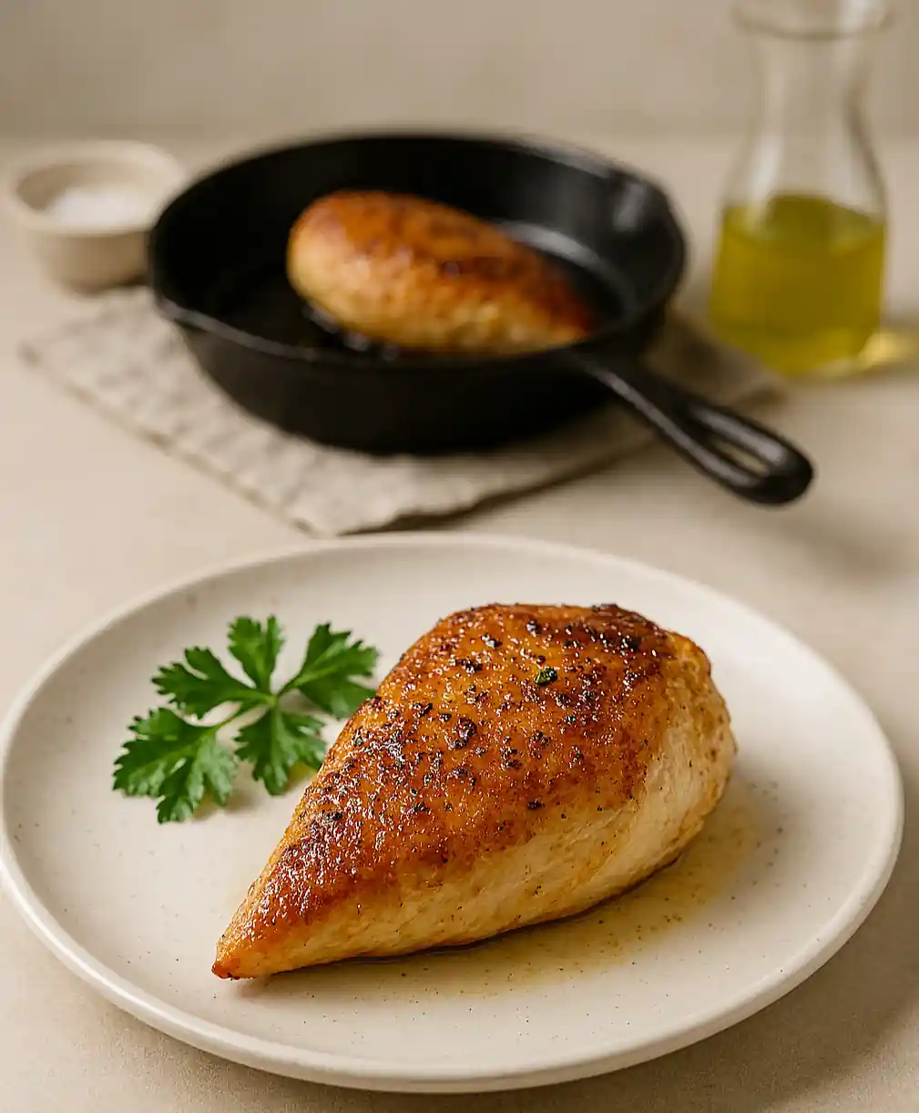 Juicy chicken breast with golden crust and crispy skin plated with herbs